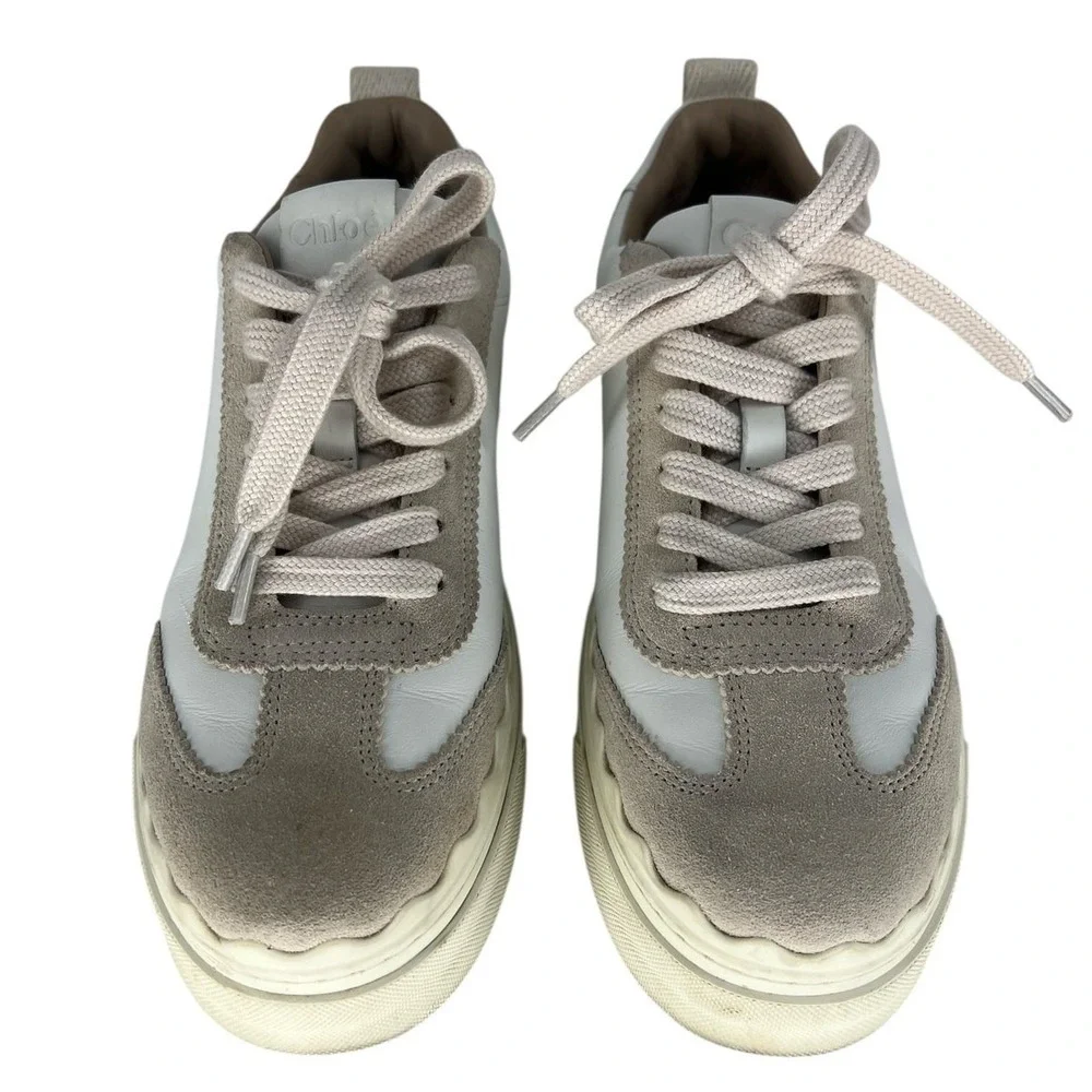 Chloé Lauren Leather Suede‎ Platform Sneakers White Beige 37